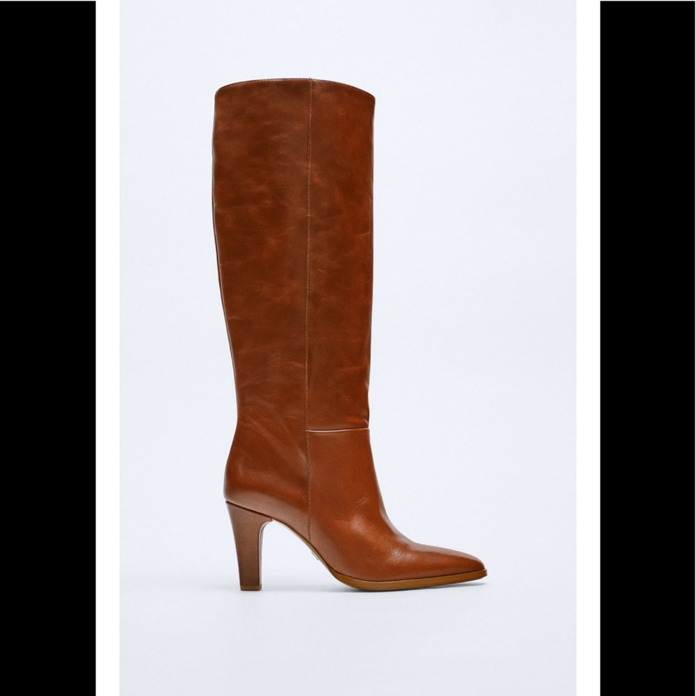 ZARA Knee High Mid Height Heeled Leather Boots - Picture 7 of 11